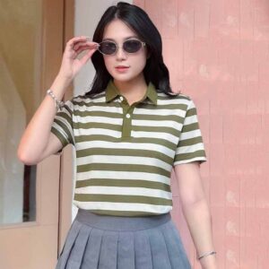 Áo polo nữ TOLI 3 màu sọc ngang, cổ bẻ thanh lịch, Form vừa ôm nhẹ, vải cotton 4 chiều cao cấp PLM81